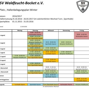 Aktualisierung Platz-, Hallenbelegungsplan Winter 2016/2017